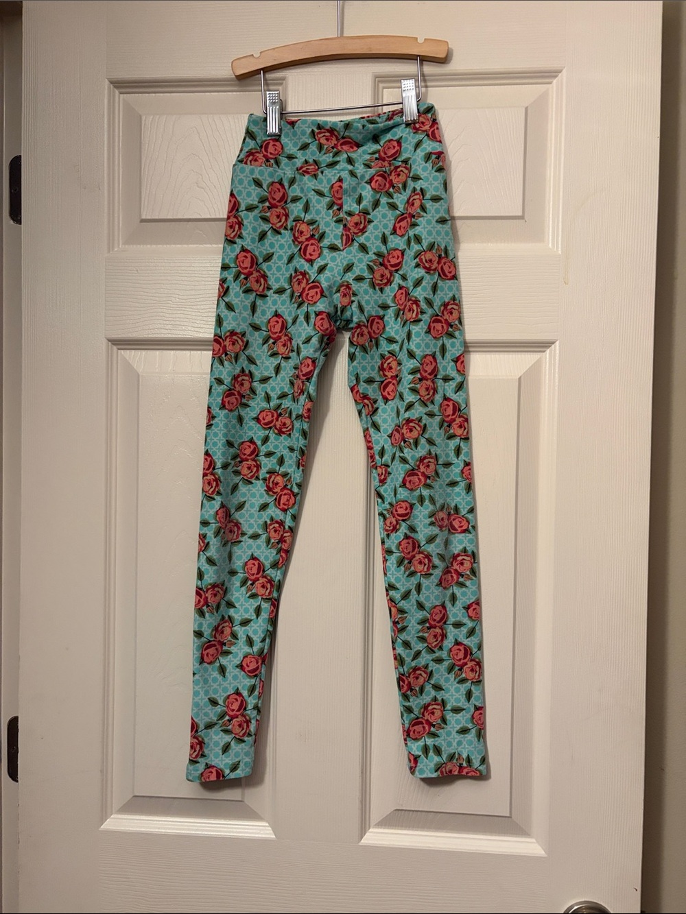 LuLaRoe Kids Floral Leggings - Teal with Pink Roses